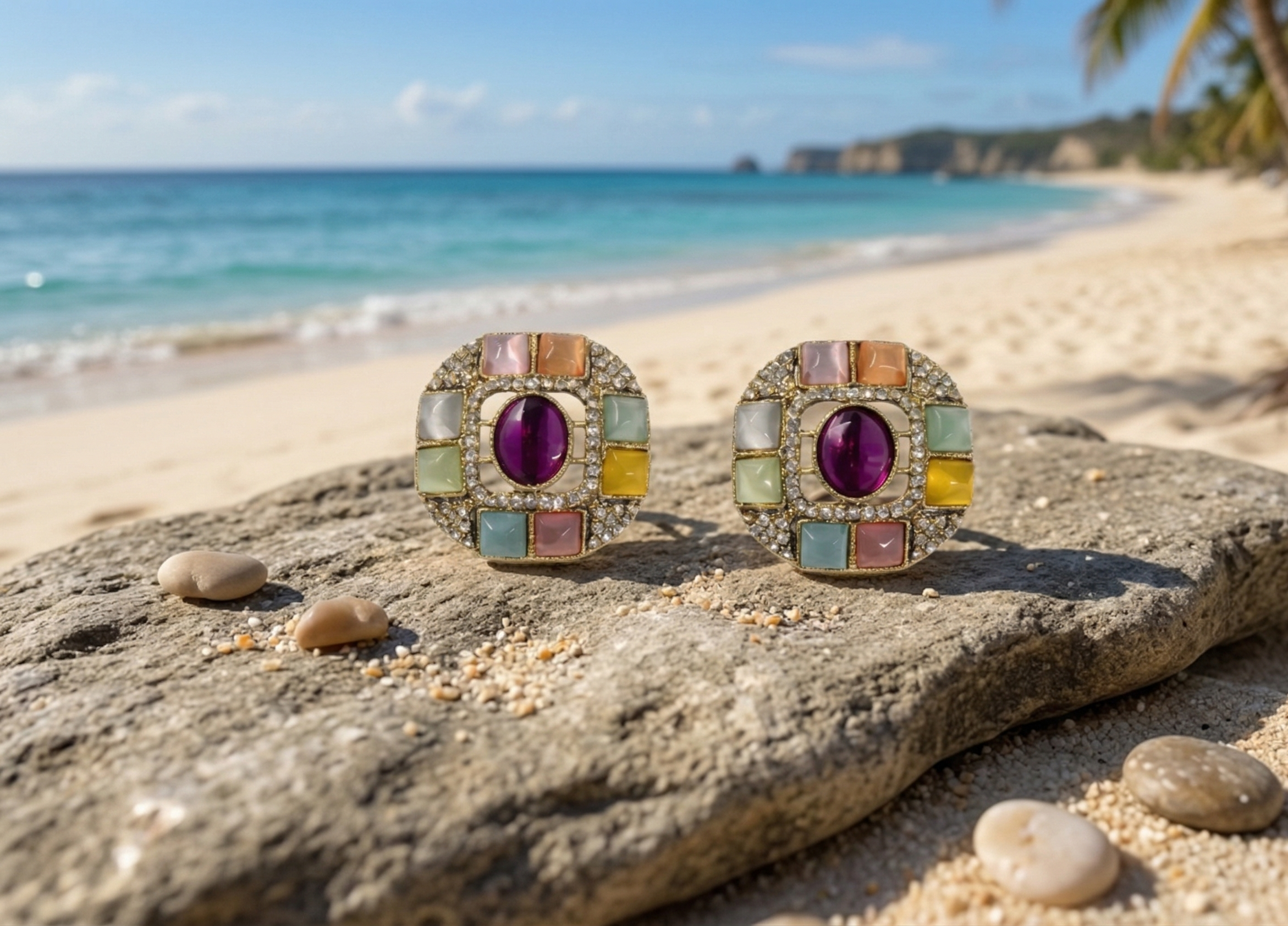 Vintage Multi-Color Stone Stud Earrings for Women | Gold-Tone Statement Earrings with Purple Center Stone | Ethnic Party Wear Jewellery