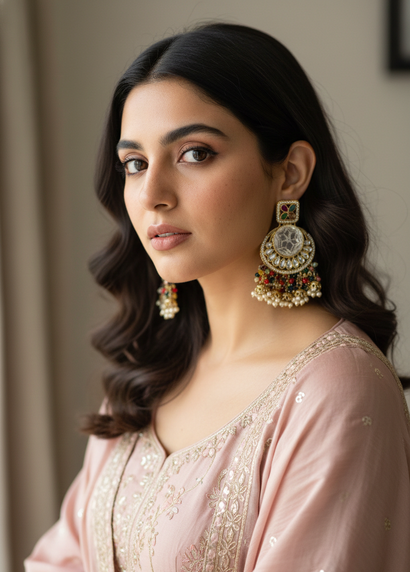 Women’s Traditional Multicolor Stone Chandbali Earrings with Pearl & Bead Jhumka Drop | Ethnic Party & Wedding Jewellery
