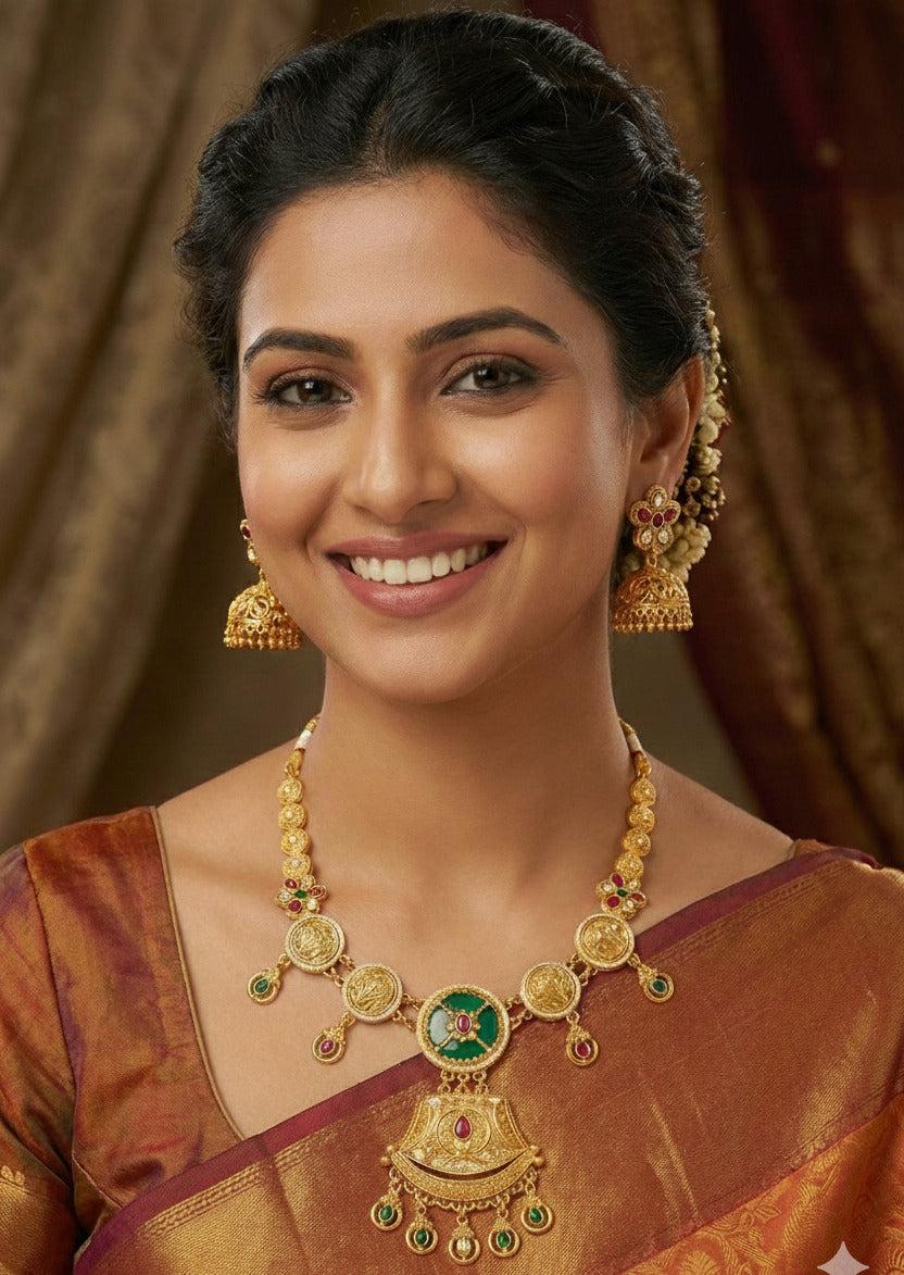 Traditional Gold-Plated Necklace Set for Women with Matching Jhumka Earrings | Temple Jewellery Design | Red & Green Stone Work | Wedding & Festive Wear