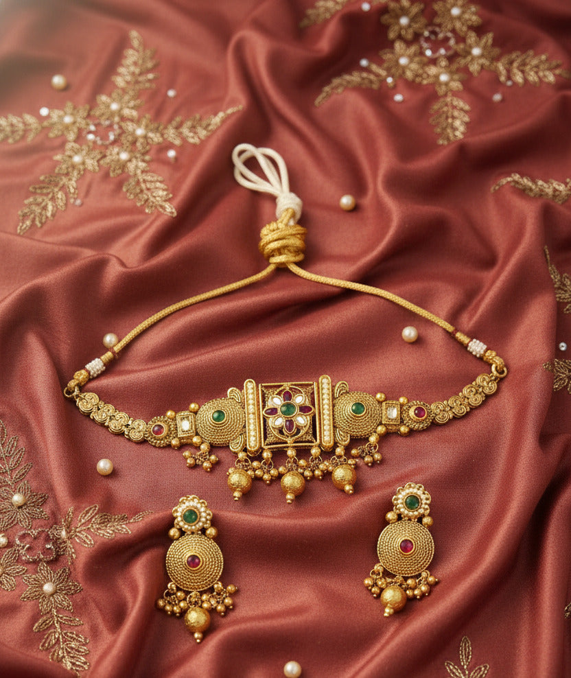 Traditional Gold-Plated Choker Necklace Set for Women with Earrings | Temple Jewellery Design | Bridal & Festive Wear Fashion Jewellery