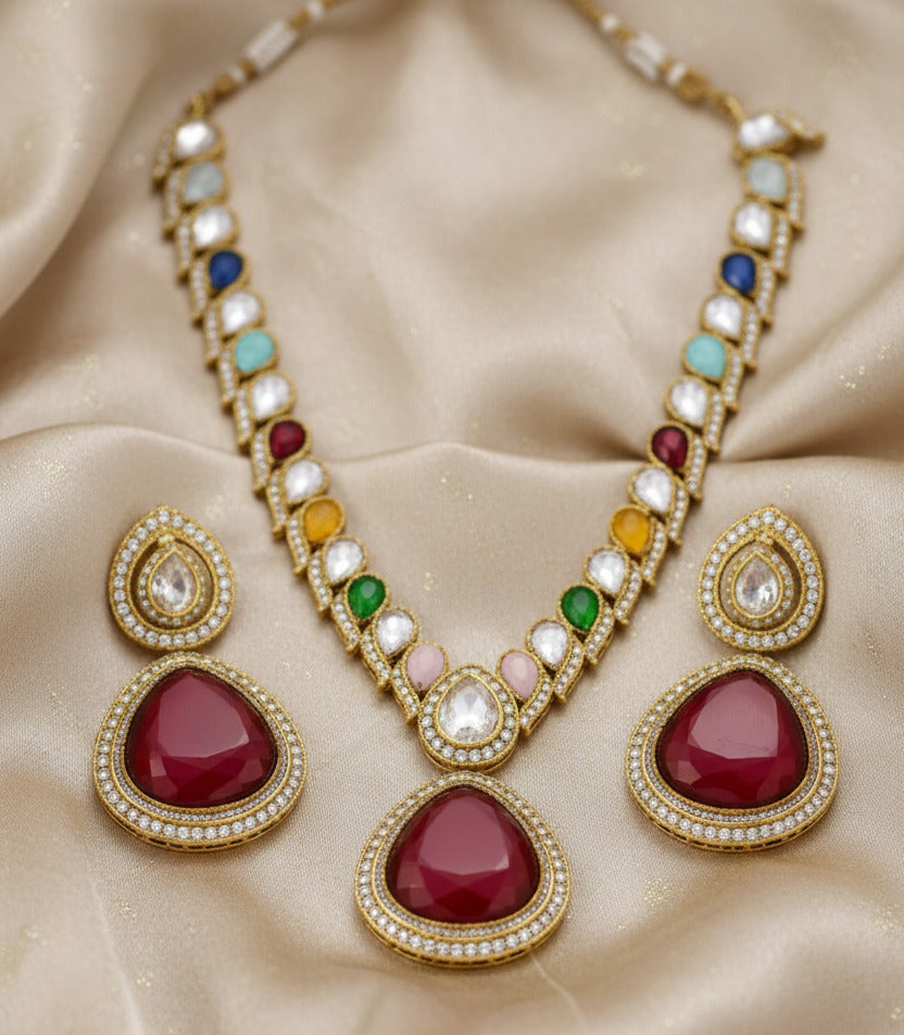Traditional Multicolor Kundan Necklace Set for Women with Red Stone Pendant & Matching Earrings | Wedding, Bridal & Festive Jewellery Set