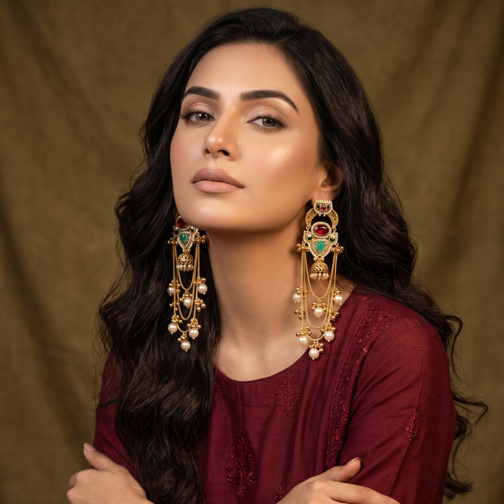 Traditional Gold-Plated Kundan Pearl Long Chandbali Kashmiri Earrings for Women | Bridal Ethnic Partywear Statement Earrings