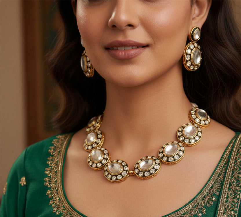 Traditional Kundan Necklace Set for Women – Gold Plated Choker with Matching Earrings