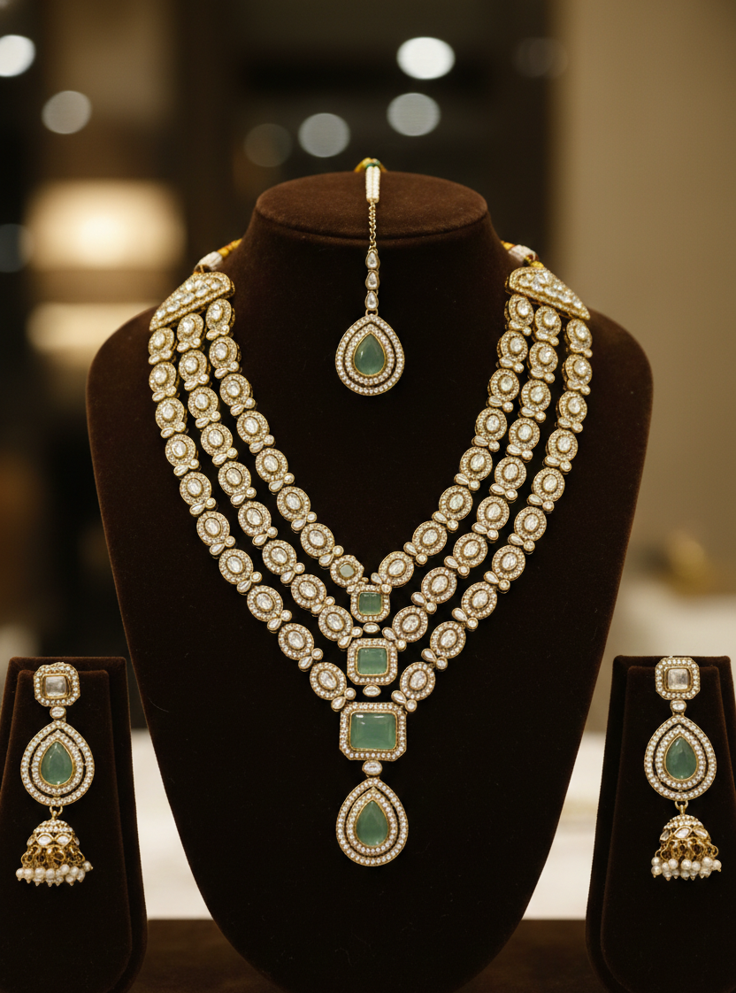 Traditional Kundan Necklace Set with Earrings for Women | Green Stone Bridal Jewellery Set | Ethnic Wedding & Festive Wear