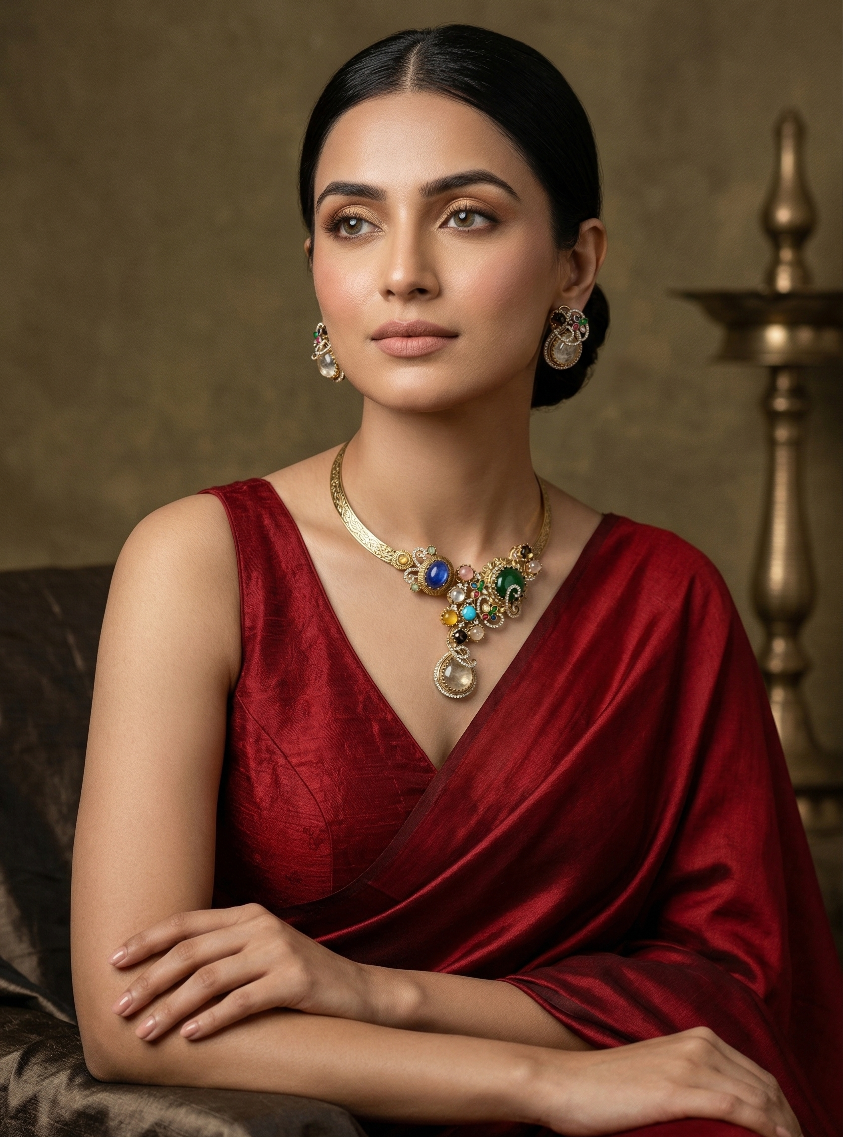Vintage Multi-Color Stone Choker Necklace Set for Women | Gold-Tone Statement Necklace with Matching Earrings | Ethnic Party & Wedding Jewellery