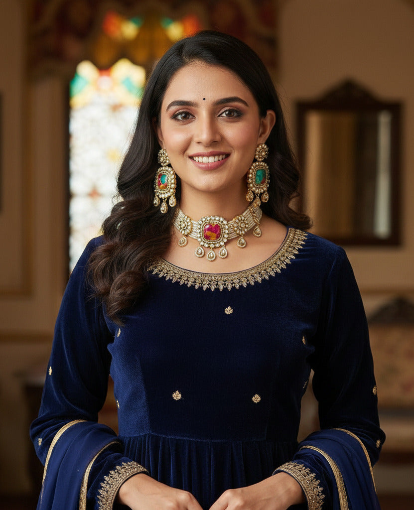 Traditional Kundan Pearl Choker Necklace Set with Matching Earrings | Bridal & Festive Jewelry | Gold-Plated Multicolor Stone Set for Women