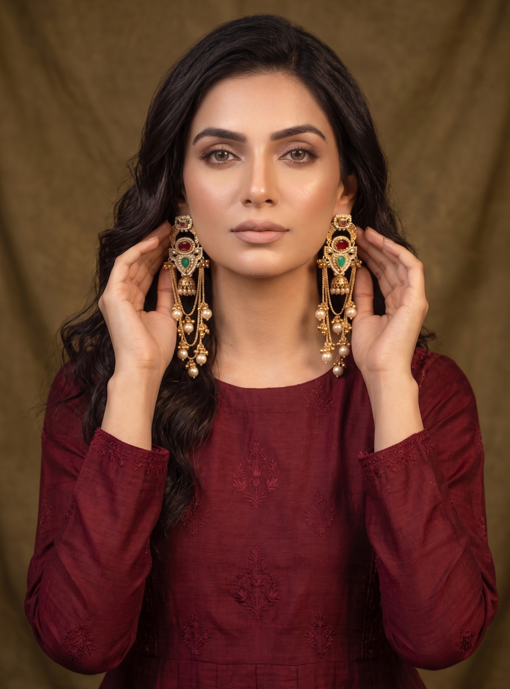 Traditional Gold-Plated Kundan Pearl Long Chandbali Kashmiri Earrings for Women | Bridal Ethnic Partywear Statement Earrings