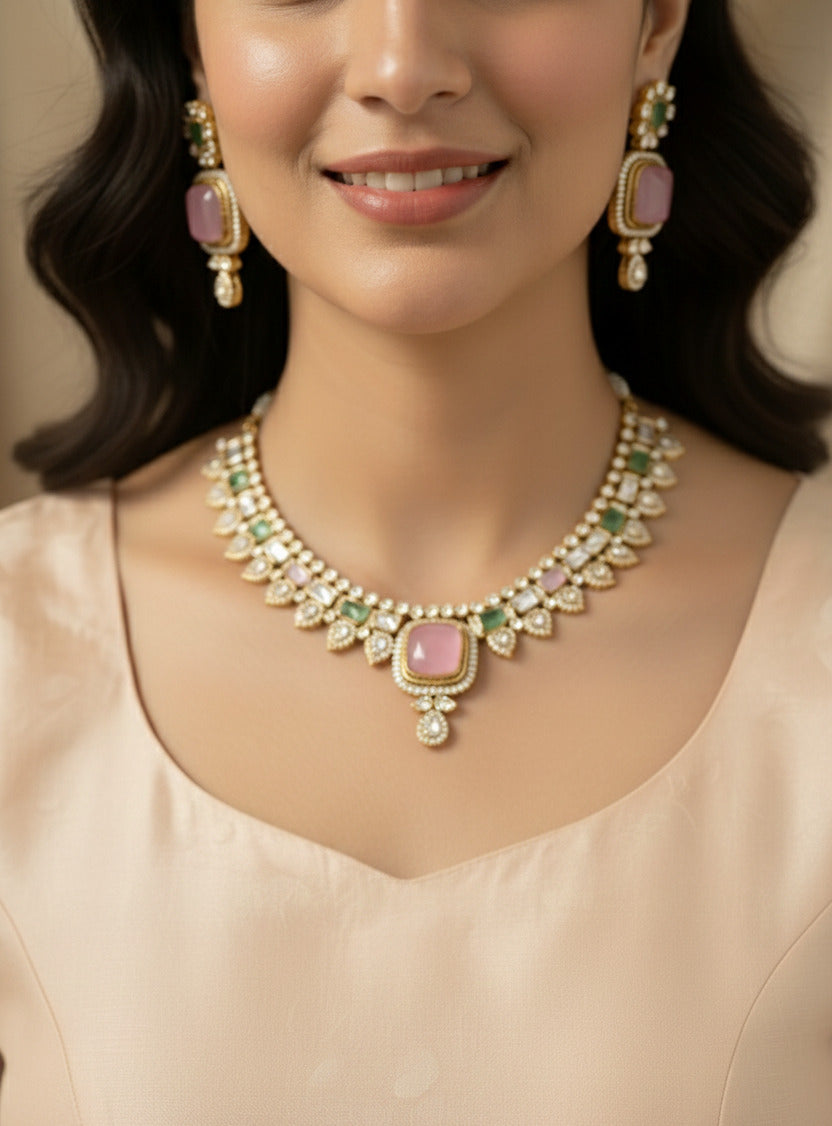 Kundan Necklace, Earrings & Maang Tikka Jewellery Set for Women | Gold-Tone with Pink & Green Stones