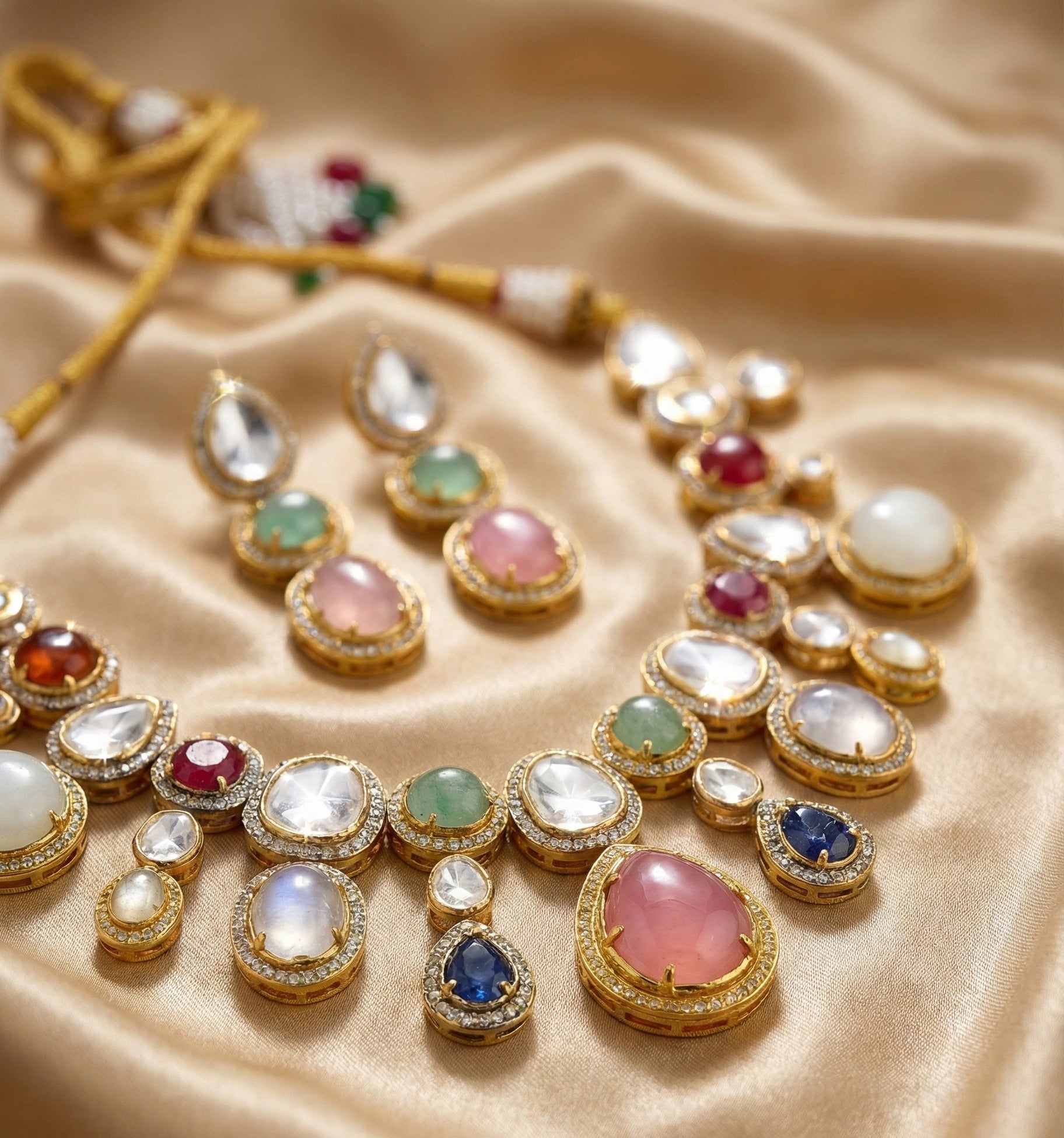 Kundan Polki Multicolour Gemstone Necklace with Matching Earrings for Women | Bridal Wedding Jewellery Set | Premium Gold-Plated Traditional Indian Necklace Set