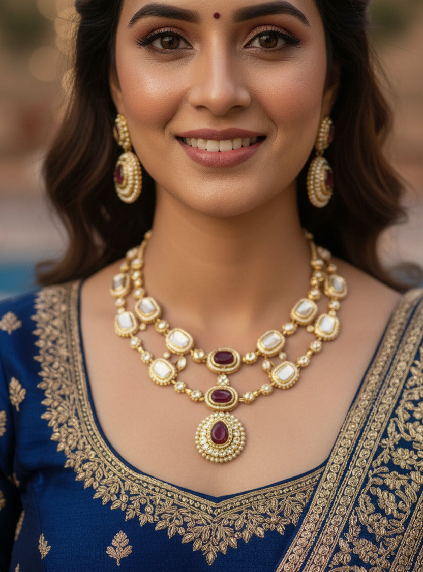 Traditional Kundan Gold-Plated Jewellery Set for Women – Necklace, Earrings & Maang Tikka with Ruby Red Stones | Bridal Wedding Jewellery Set | Ethnic Indian Jewelry