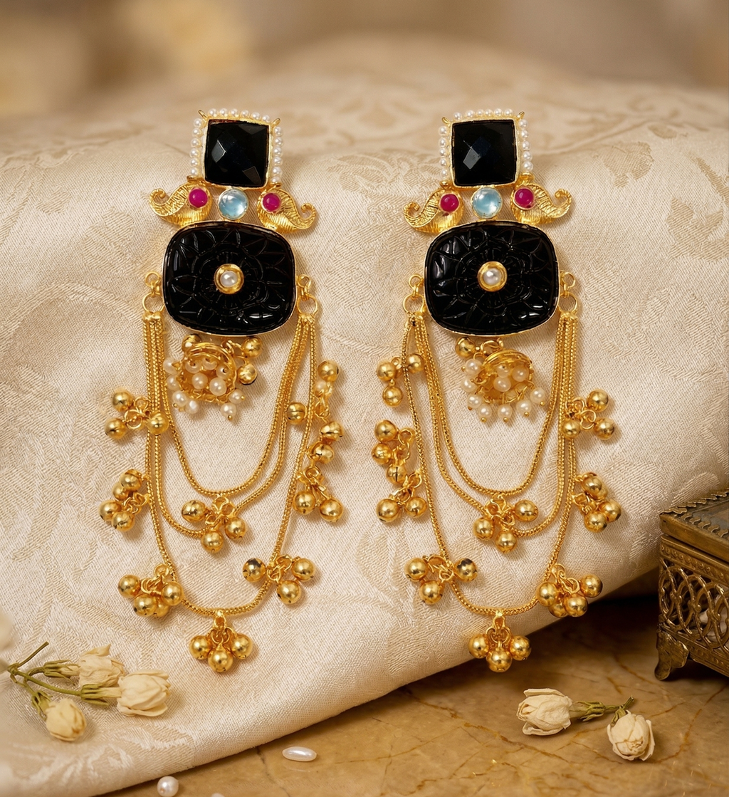 Gold Plated Black Stone Chandbali Earrings for Women | Traditional Ethnic Long Dangle Earrings with Beads | Wedding & Party Wear Jewellery