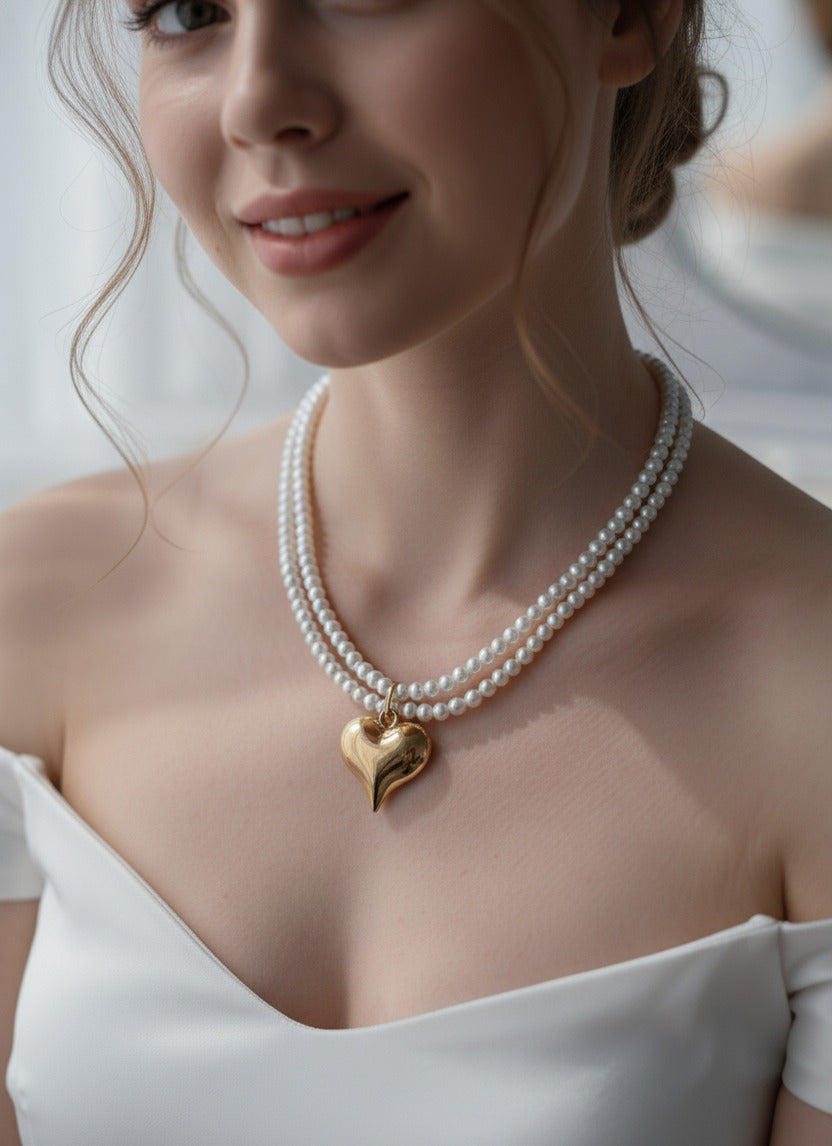 Veltreo International Double-Strand Pearl Necklace with Gold Heart Pendant for Women – Classic Faux Pearl Choker Jewelry