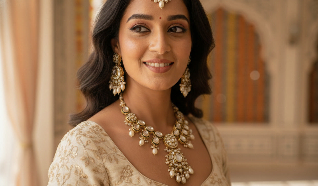 Kundan Bridal Necklace Set with Maang Tikka & Earrings | Gold Plated Pearl & Stone Jewellery Set for Women | Wedding & Festive Wear
