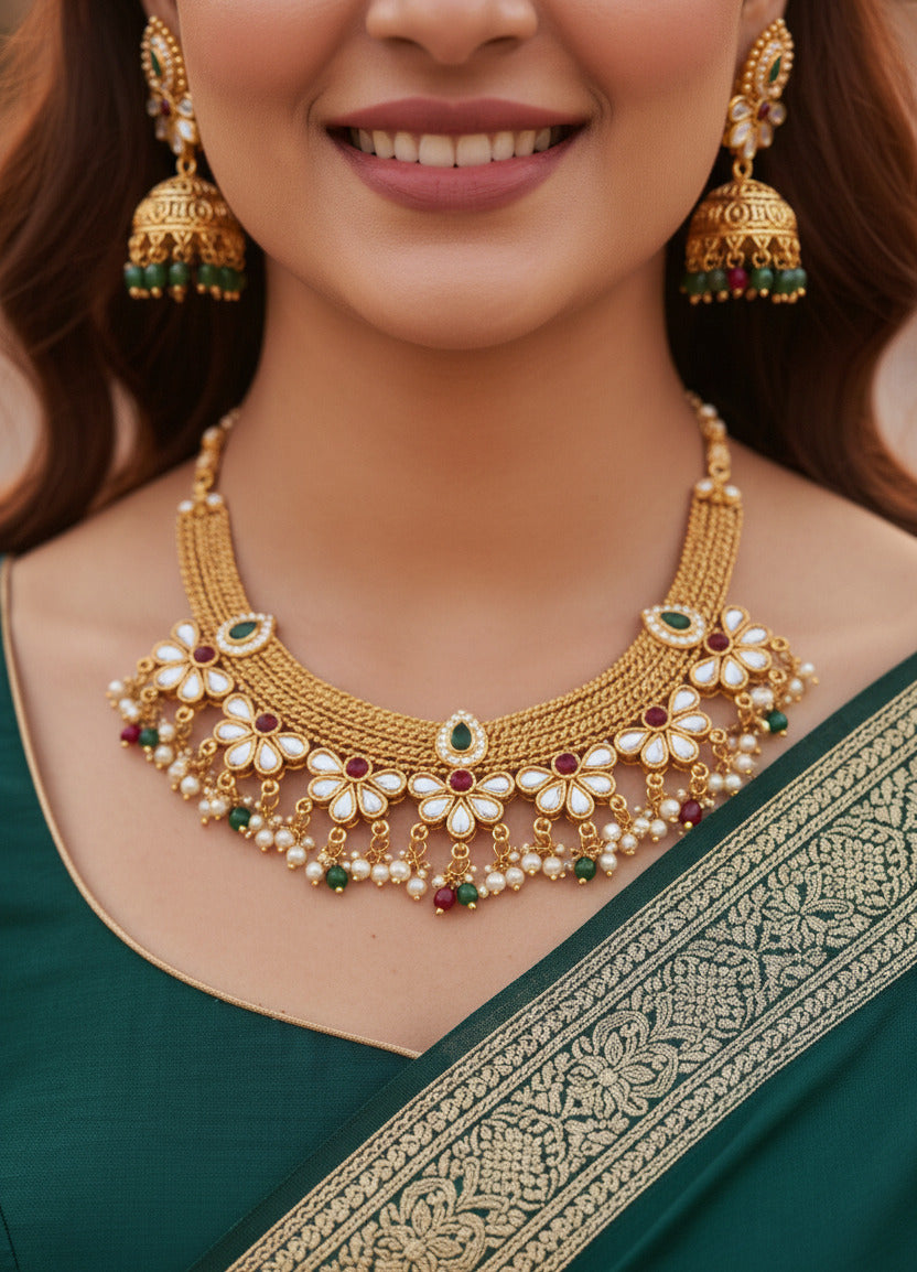 Traditional Gold-Plated Kundan Necklace Set for Women | Bridal Wedding Jewelry Set with Earrings | Pearl & Bead Embellished Choker Necklace