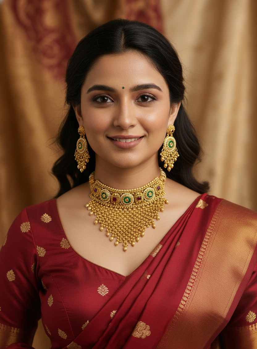 Temple Jewelry Choker with Intricate Beadwork & Green Stone Detailing Gold-Toned Bridal Necklace Set with Earrings for Women