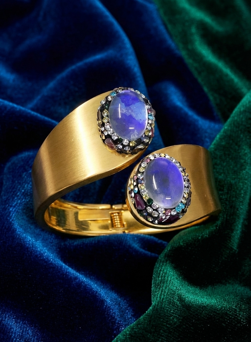 Gold-Tone Adjustable Cuff TARKISH Bracelet with Oval Blue Stone & Multicolor Crystal Halo – Statement Jewelry for Women