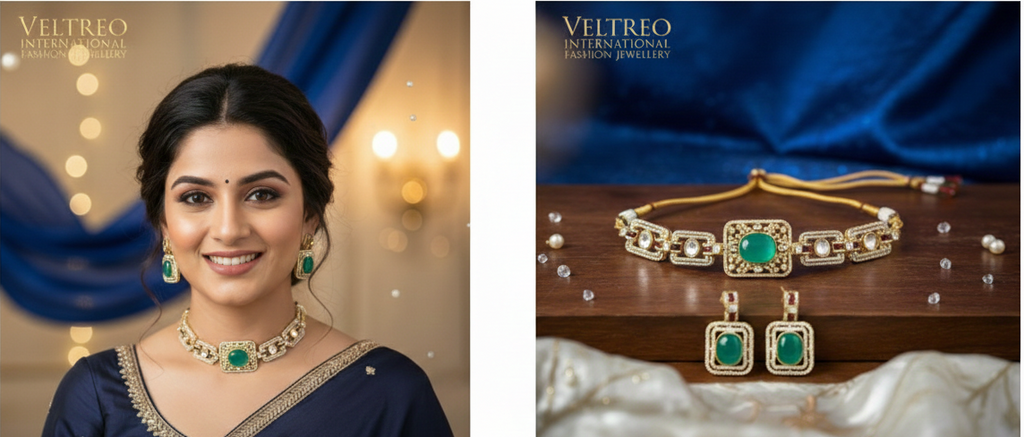 Traditional Gold-Plated Green Stone Choker with Matching Earrings Set | Adjustable Dori Closure | Ethnic Jewellery Set for Women