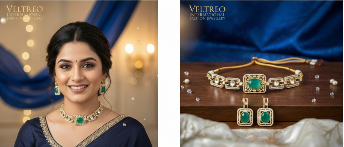 Traditional Gold-Plated Green Stone Choker with Matching Earrings Set | Adjustable Dori Closure | Ethnic Jewellery Set for Women