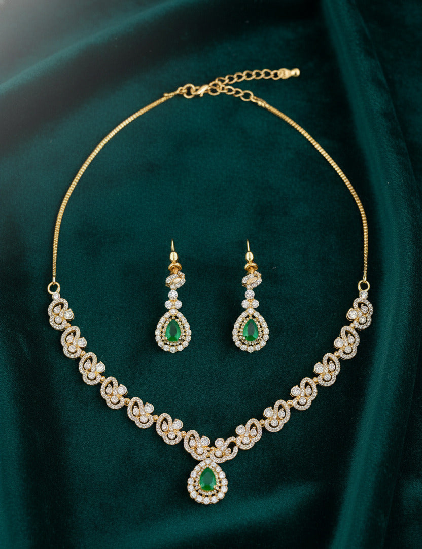 Necklace and Earring Set for Women | Green Stone & CZ Diamond Design | Traditional Wedding & Party Jewelry Set