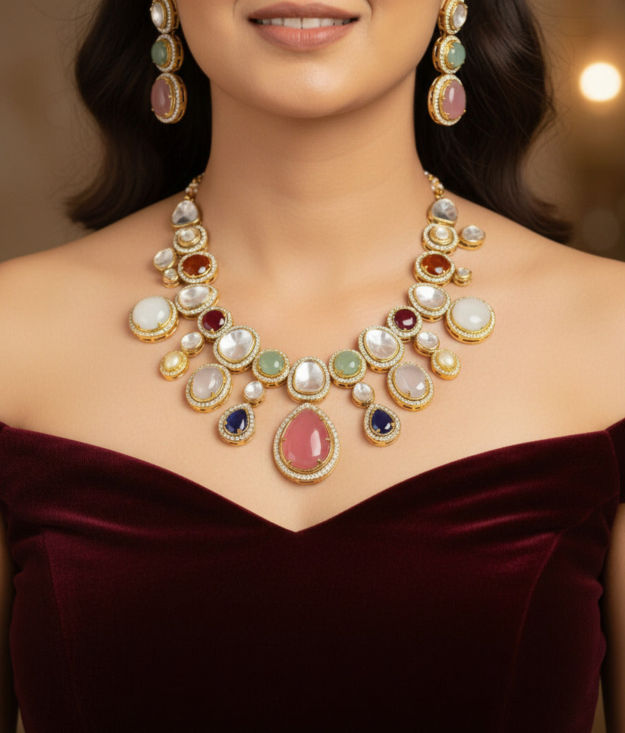 Kundan Polki Multicolour Gemstone Necklace with Matching Earrings for Women | Bridal Wedding Jewellery Set | Premium Gold-Plated Traditional Indian Necklace Set