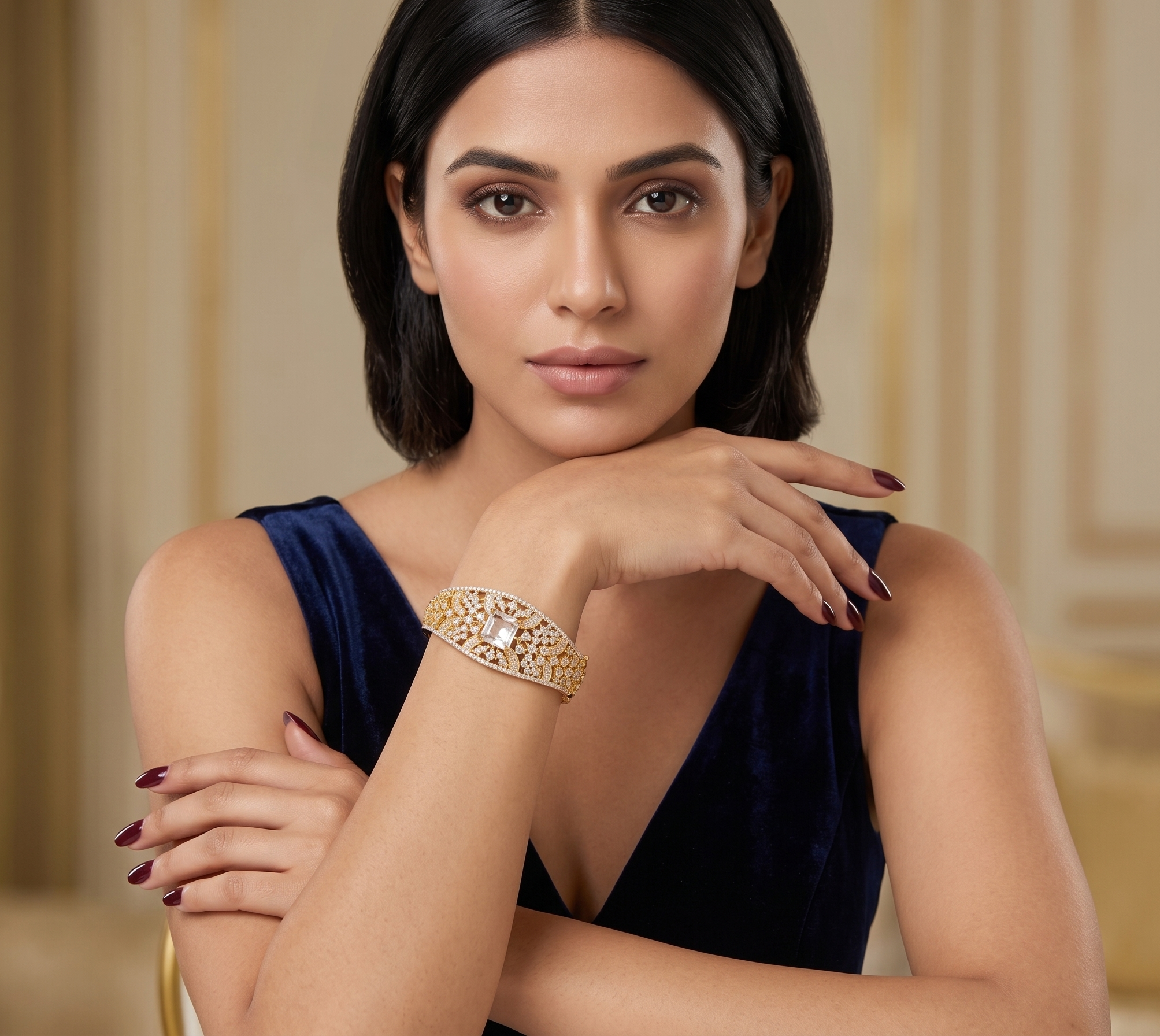 Luxury Gold-Plated American Diamond Kada Bracelet for Women | Designer Statement Bangle with Center Stone | Bridal & Party Wear Jewellery