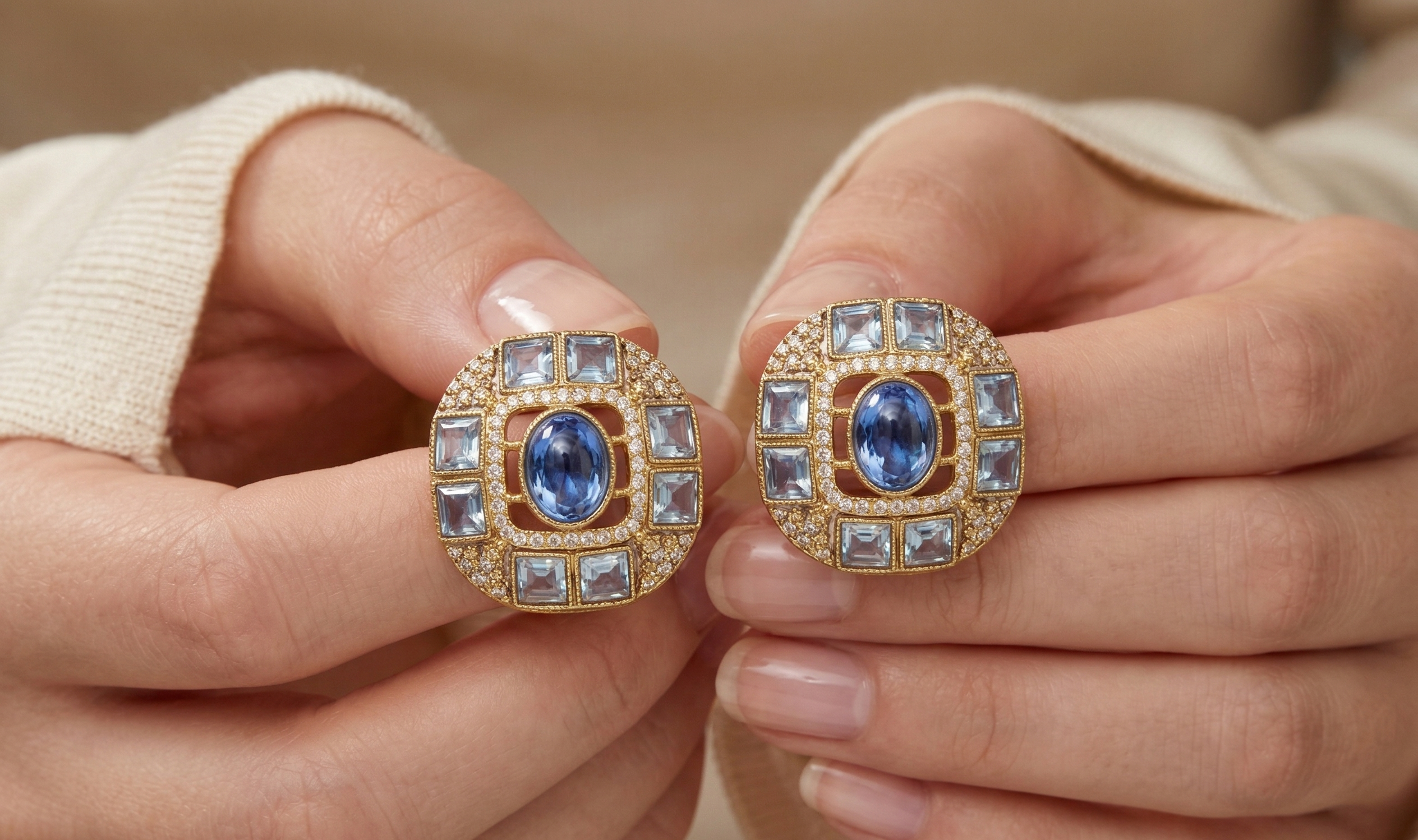 Vintage Blue Stone Stud Earrings for Women | Gold-Tone Crystal Embedded Statement Earrings | Party Wear & Wedding Jewellery