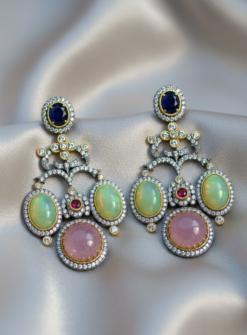 Vintage Chandelier Drop Earrings for Women with Multi-Stone Design – Opal, Purple Quartz & Sapphire Accents – Antique Silver & Gold Finish – Premium Bridal & Party Jewelry