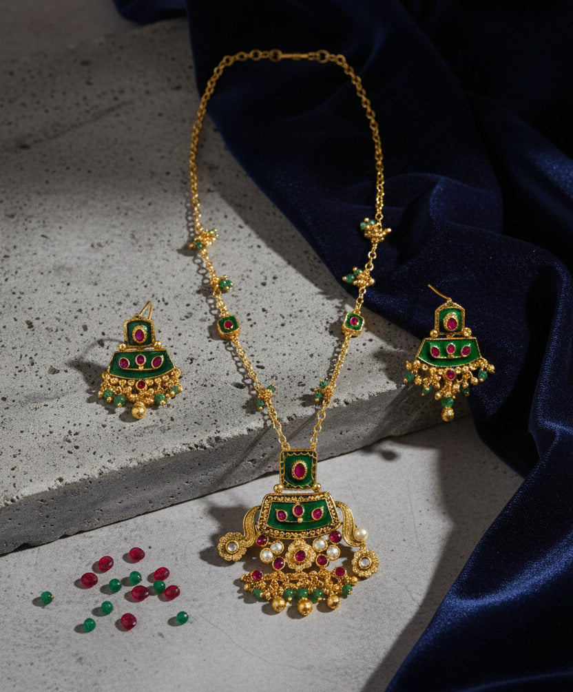 Gold-Plated Necklace & Earrings Jewelry Set for Women & Girls | Green & Pink Stone Temple Design Pendant Set |