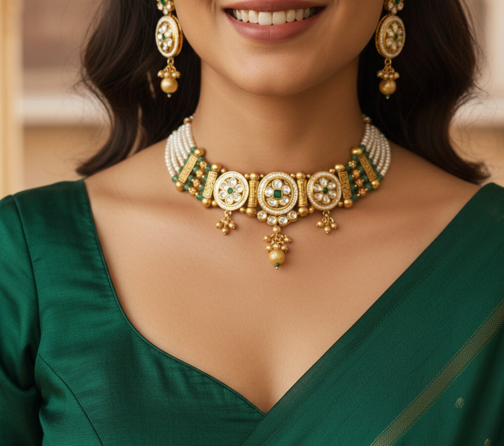 Traditional Gold-Plated Kundan Choker Necklace Set for Women with Earrings | Green & White Beaded Bridal Jewellery | Ethnic Wedding & Festive Wear