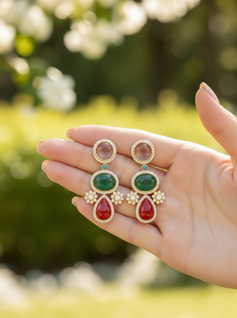 Gold-Plated Multi-Stone Dangle Earrings with Red, Green & Pink Gemstones – Premium Designer Ethnic Drop Earrings for Women & Girls