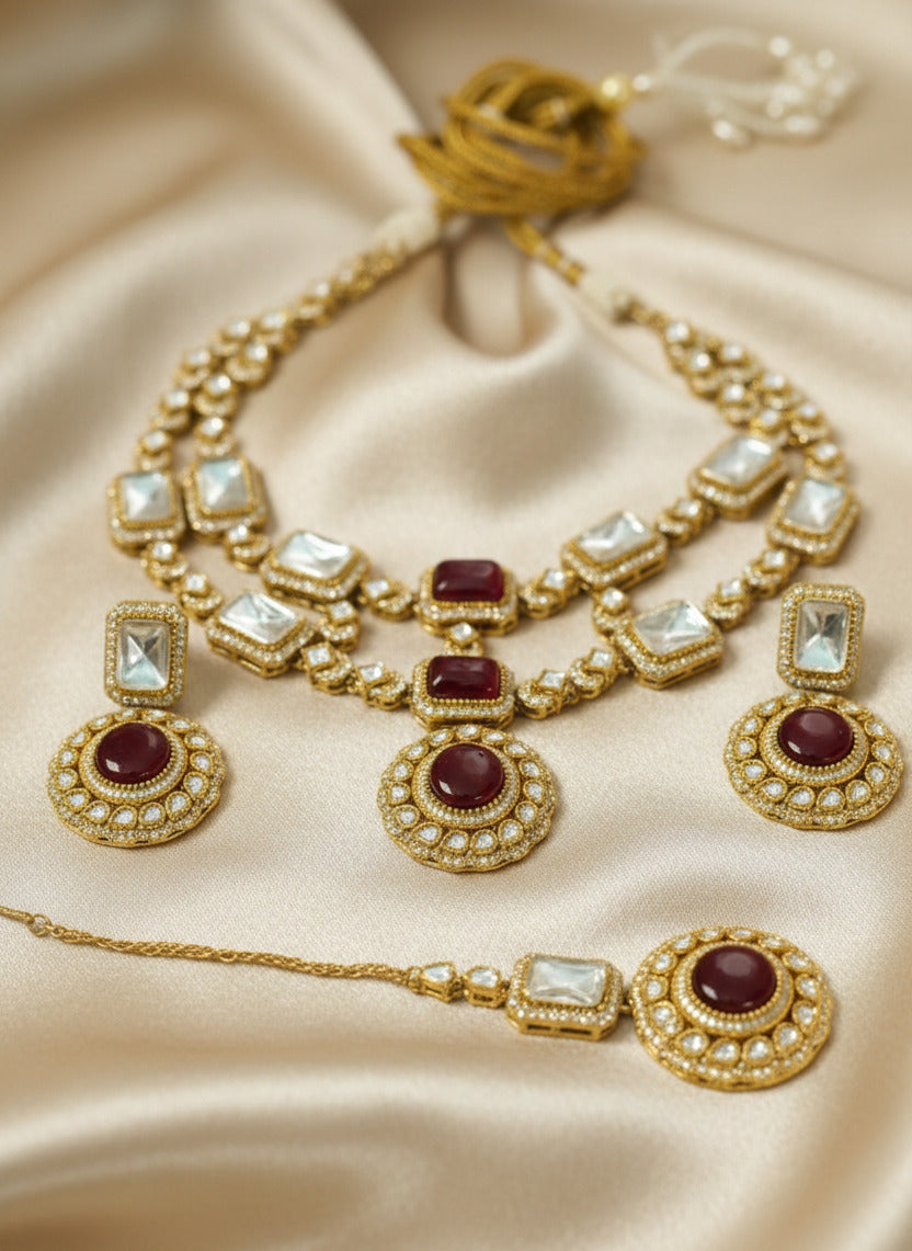 Traditional Kundan Gold-Plated Jewellery Set for Women – Necklace, Earrings & Maang Tikka with Ruby Red Stones | Bridal Wedding Jewellery Set | Ethnic Indian Jewelry