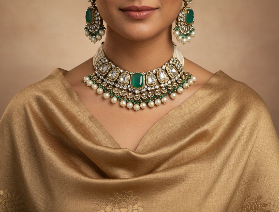 Green Kundan Pearl Necklace Set with Earrings & Maang Tikka for Women | Traditional Indian Wedding Jewellery