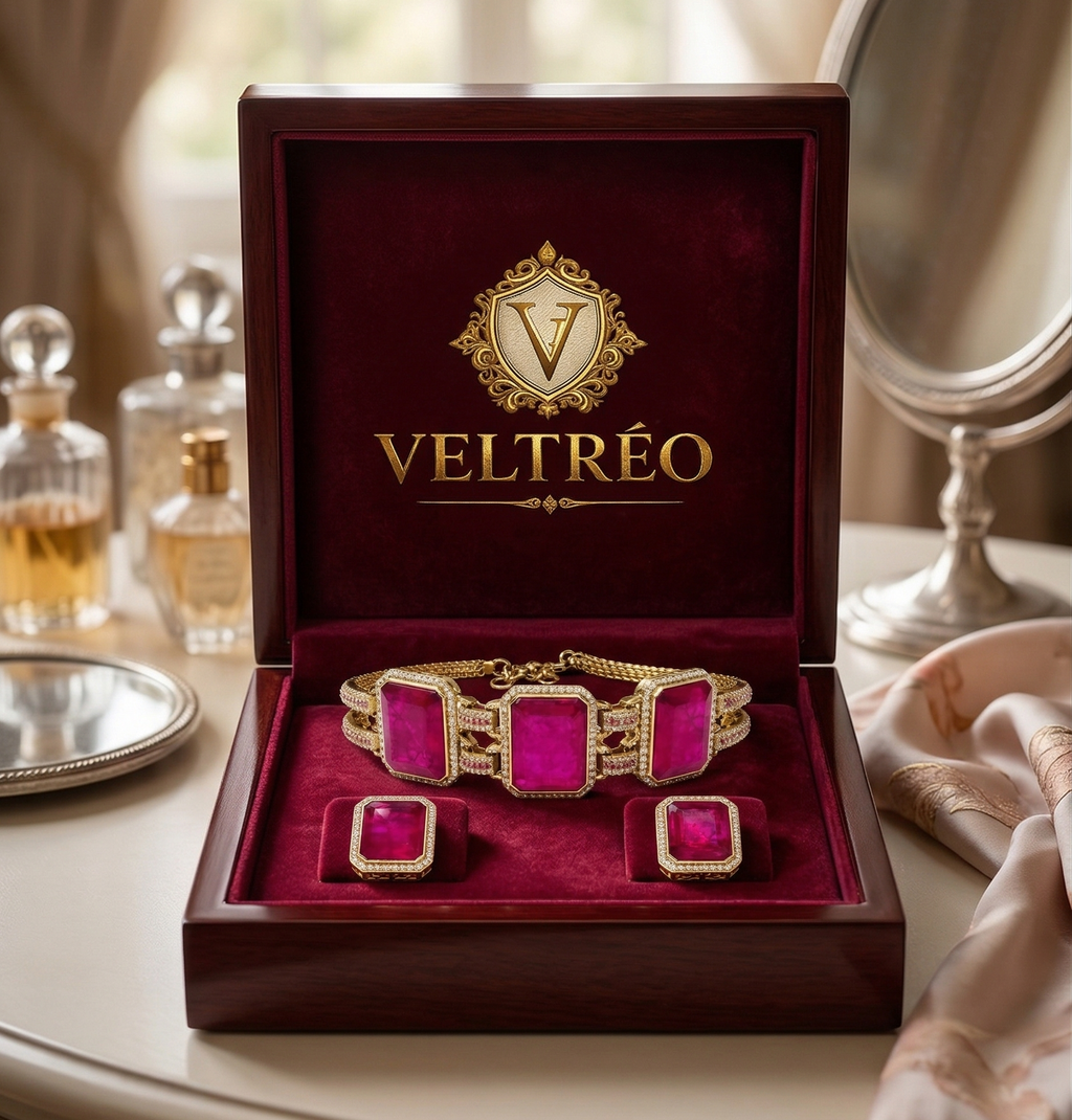 Luxury Gold-Plated Ruby Pink Statement Bracelet with Matching Stud Earrings Set for Women | Premium Party & Wedding Jewelry