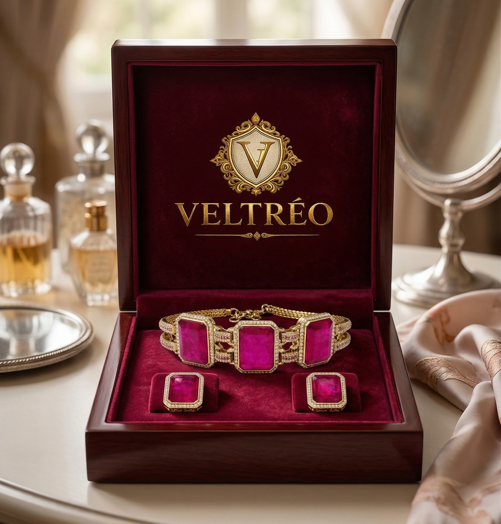 Luxury Gold-Plated Ruby Pink Statement Bracelet with Matching Stud Earrings Set for Women | Premium Party & Wedding Jewelry