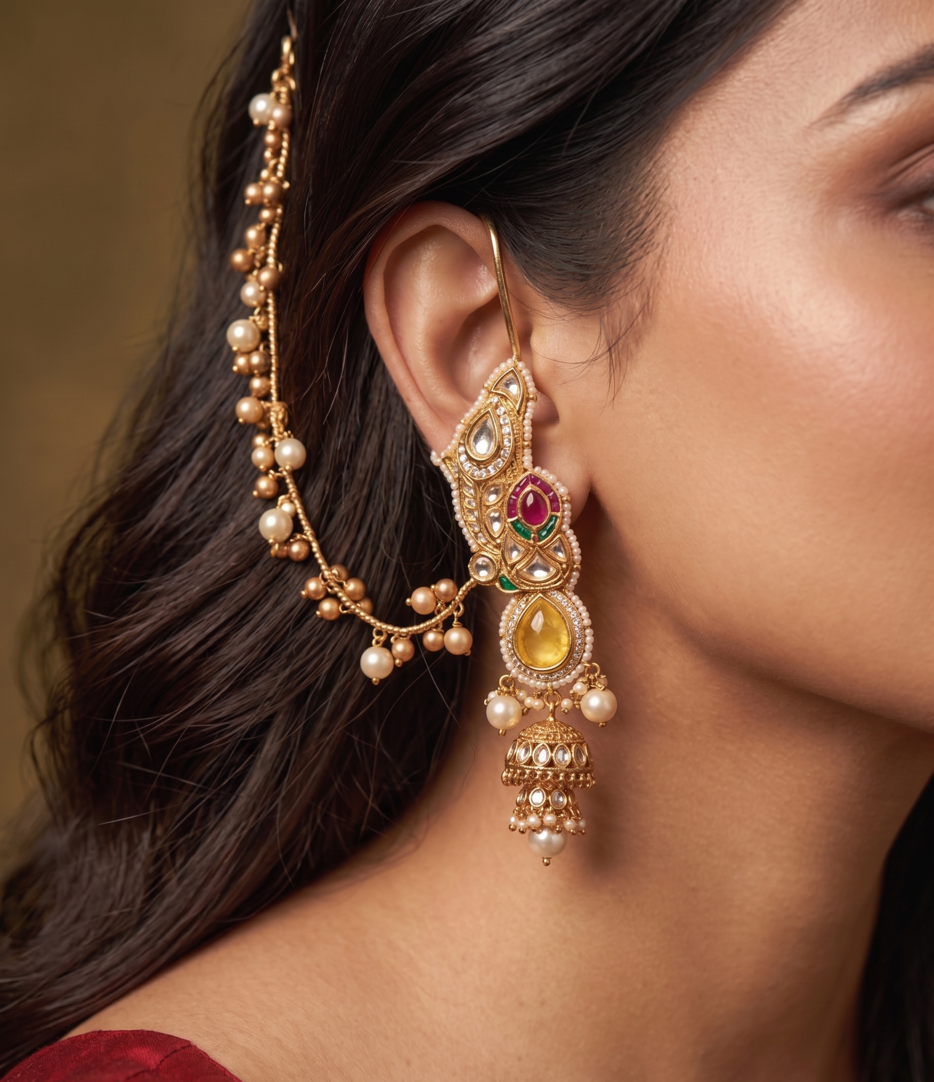 Traditional Gold Plated Ear Chain Jhumka Earrings for Women | Pearl Drop Ethnic Bridal Jewellery | Kundan Style Statement Earrings for Wedding & Festive Wear