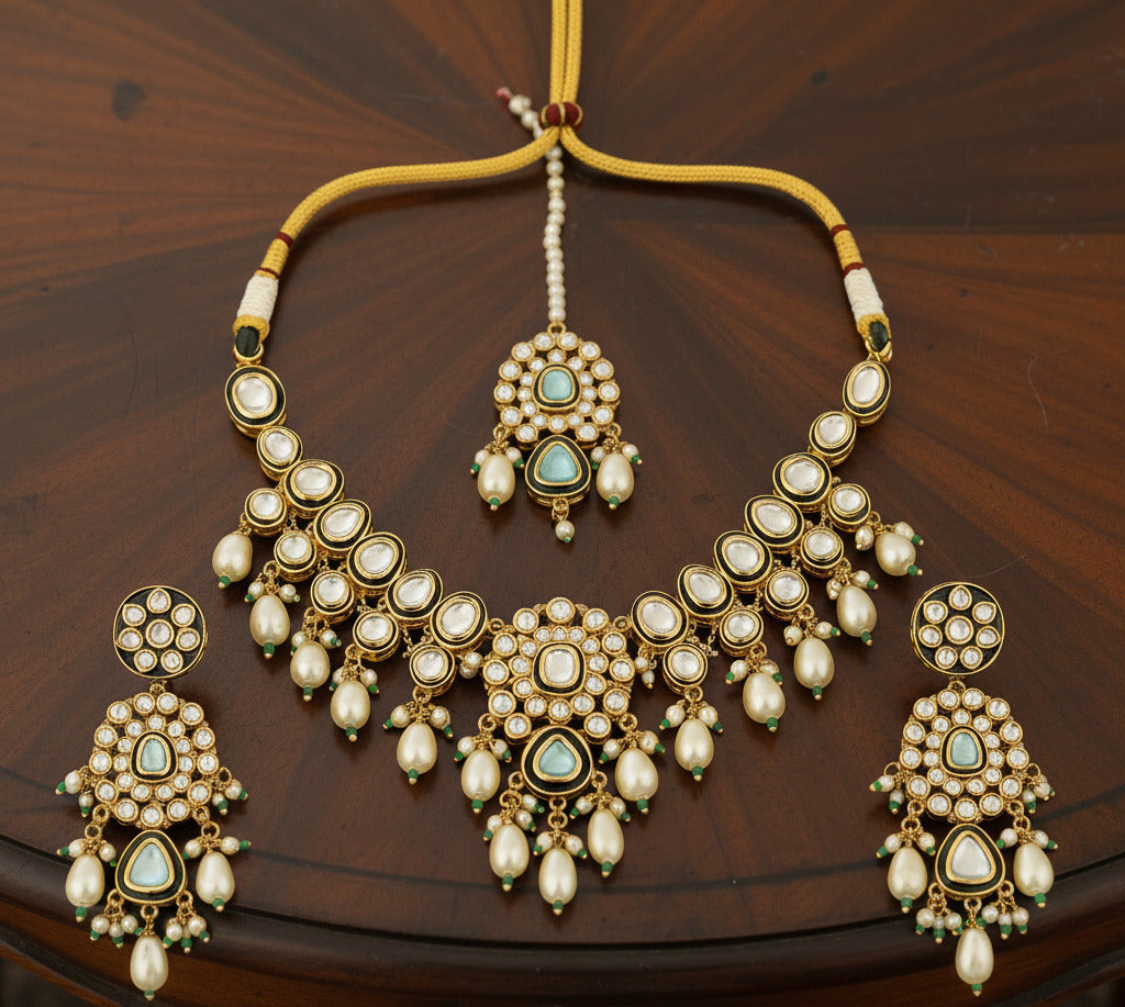 Kundan Pearl Necklace Set for Women – Gold-Plated Bridal Jewelry with Green Beads and White Stones | Indian Wedding Necklace with Earrings