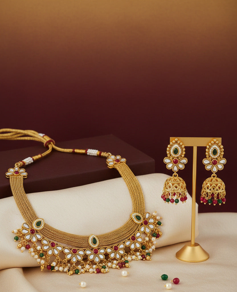 Traditional Gold-Plated Kundan Necklace Set for Women | Bridal Wedding Jewelry Set with Earrings | Pearl & Bead Embellished Choker Necklace