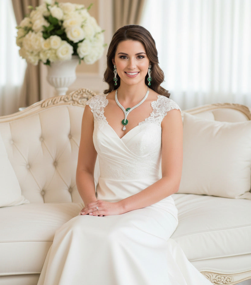 Luxury Silver-Plated Necklace & Earring Set for Women with Emerald Green Stones & Cubic Zirconia – Bridal, Party & Festive Jewelry Set
