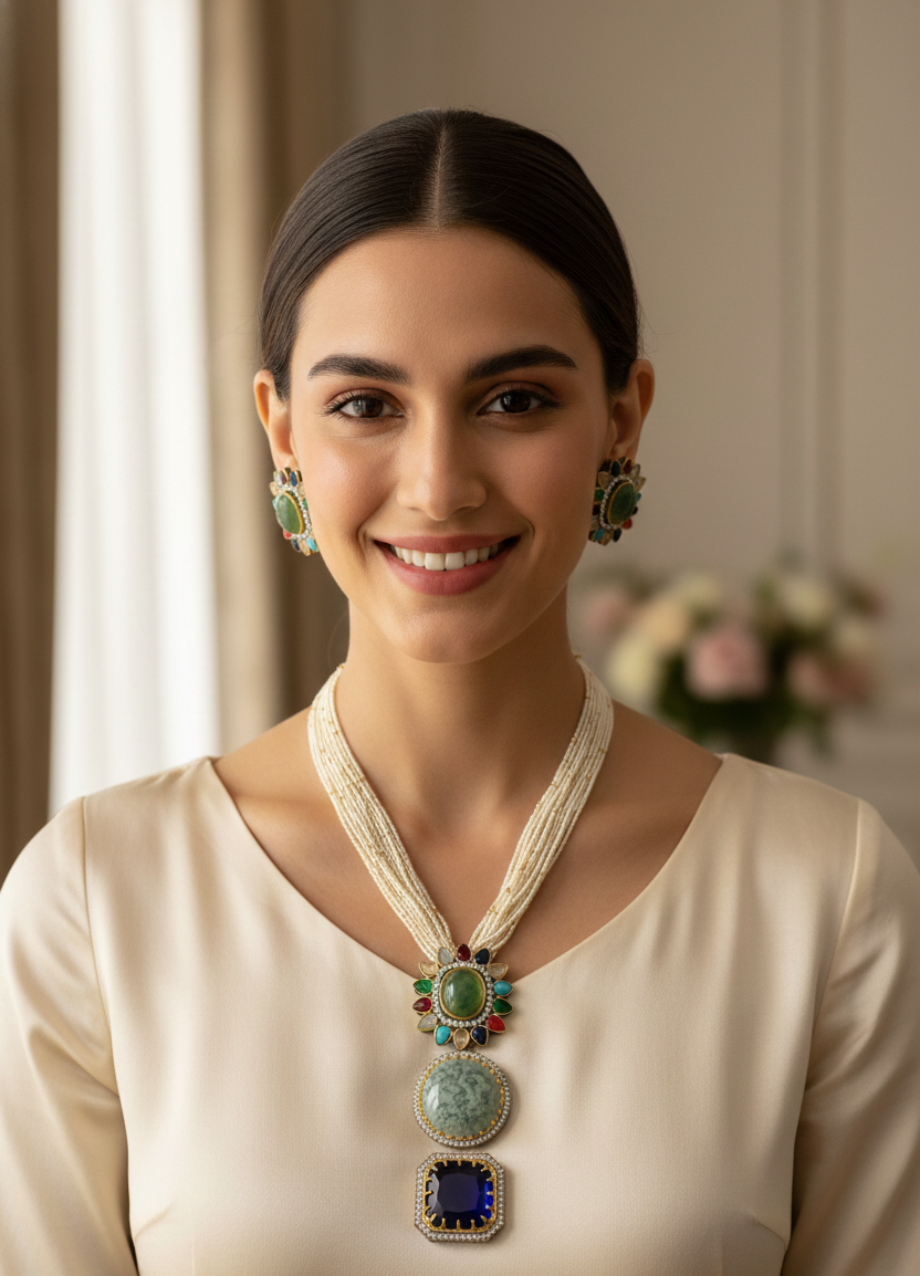 Traditional Multi-Strand Pearl Necklace Set with Statement Pendant & Stud Earrings | Ethnic Party & Wedding Jewellery for Women