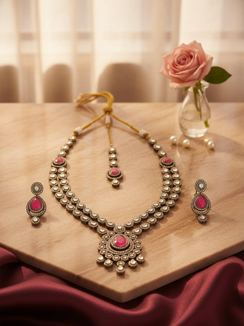 Traditional Kundan Necklace Set for Women | Bridal Ethnic Jewelry Set with Earrings & Maang Tikka | Gold Plated Pink Stone Jewellery