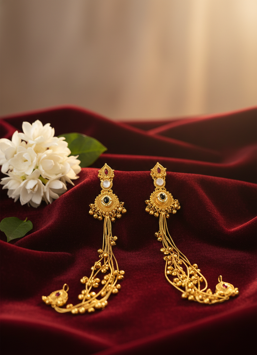 Traditional Gold Plated Long Chain Kashmiri Jhumar Earrings with Ghungroo for Bridal & Festive Wear