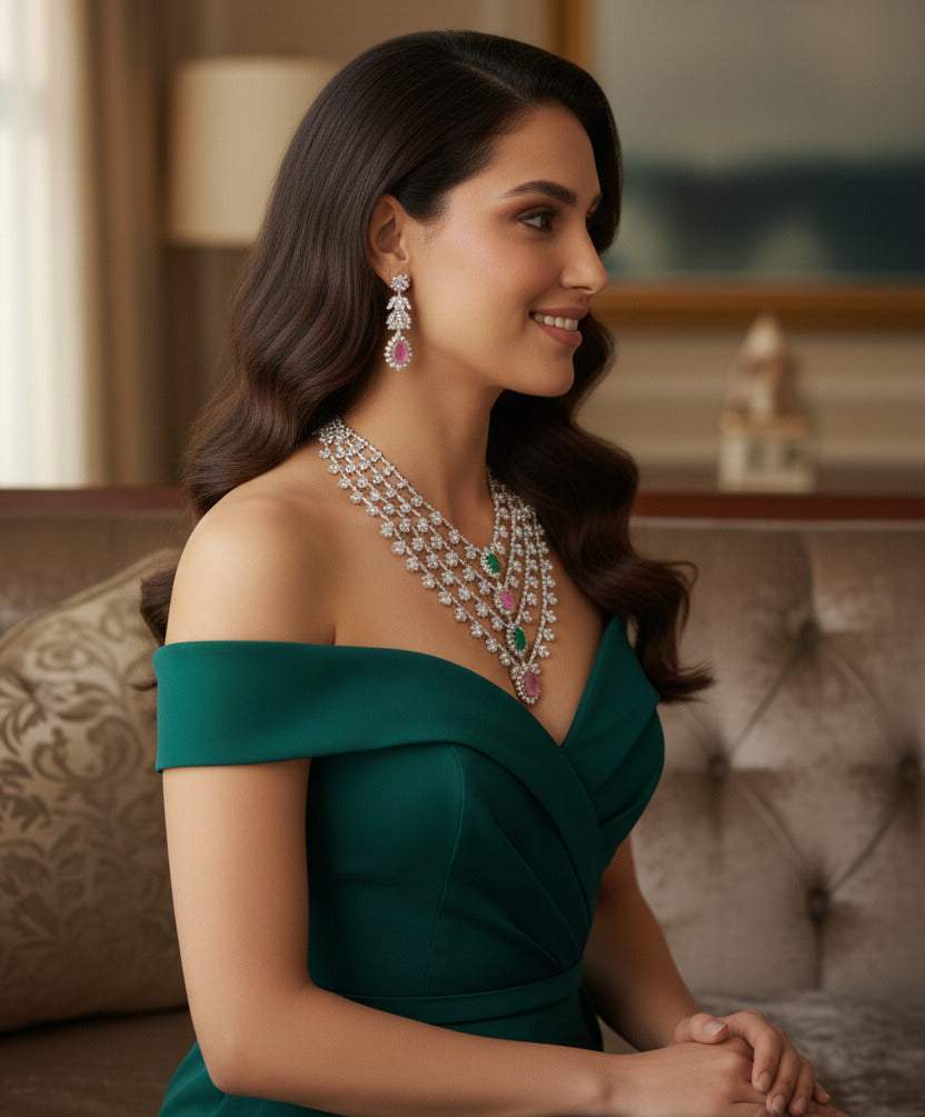 Multi-Layer Diamond Necklace & Earring Set for Women | Bridal Wedding Jewellery with Pink & Green Gemstones | Silver-Plated Party Wear Jewelry Set