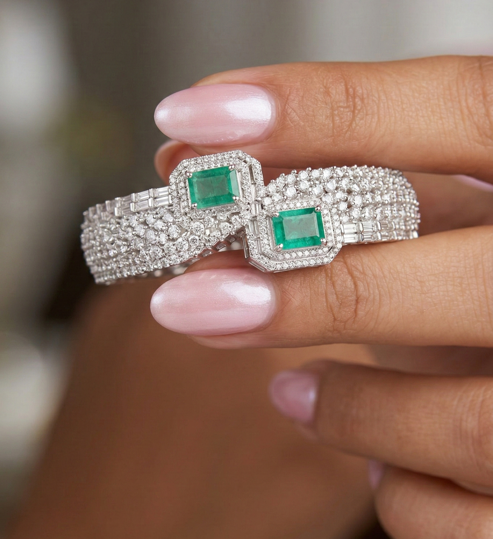 Silver-Plated Dual Emerald Green Stone Designer Kada Bracelet for Women | Square Cut Mint Green Crystal with CZ Diamond Studded Adjustable Bangle | Party Wear & Wedding Jewellery