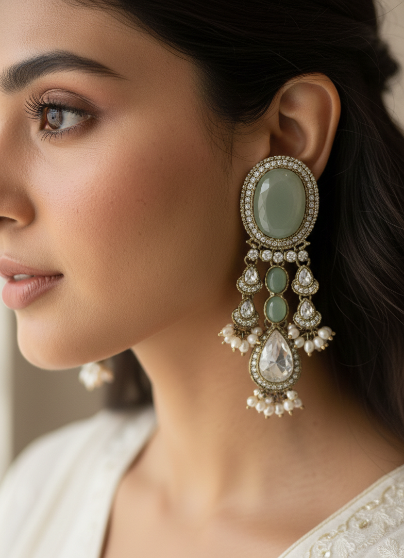 Pale Green Stone Chandelier Earrings for Women, Antique Finish Statement Earrings with Crystal & Pearl Detailing, Party & Wedding Jewelry