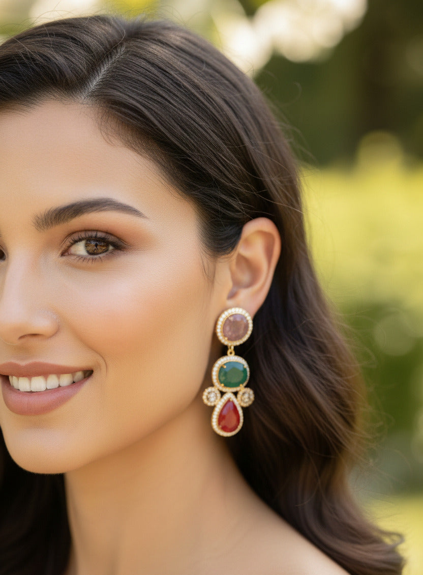 Gold-Plated Multi-Stone Dangle Earrings with Red, Green & Pink Gemstones – Premium Designer Ethnic Drop Earrings for Women & Girls