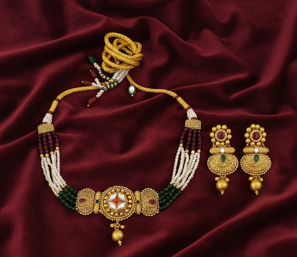 Traditional Kundan Pearl Beaded Choker Necklace Set for Women | Gold-Plated Bridal Jewelry with Matching Earrings | Festive & Wedding Wear Jewellery Set