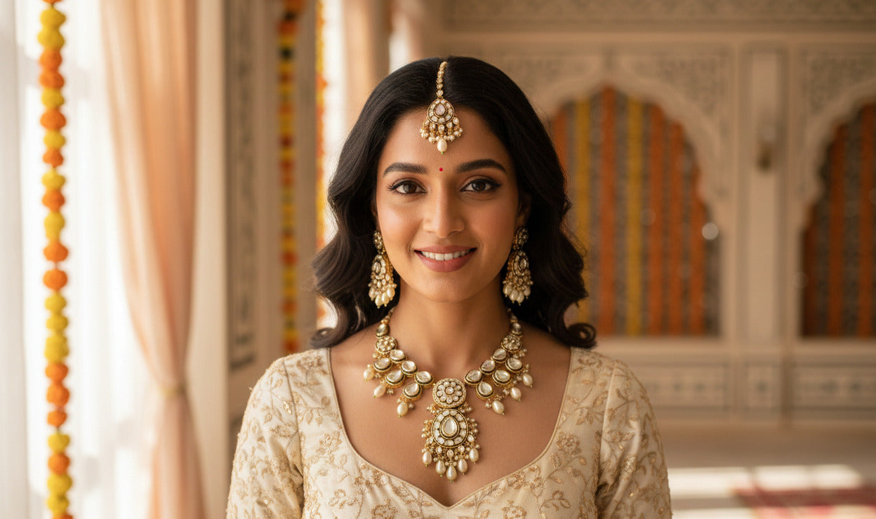 Kundan Bridal Necklace Set with Maang Tikka & Earrings | Gold Plated Pearl & Stone Jewellery Set for Women | Wedding & Festive Wear
