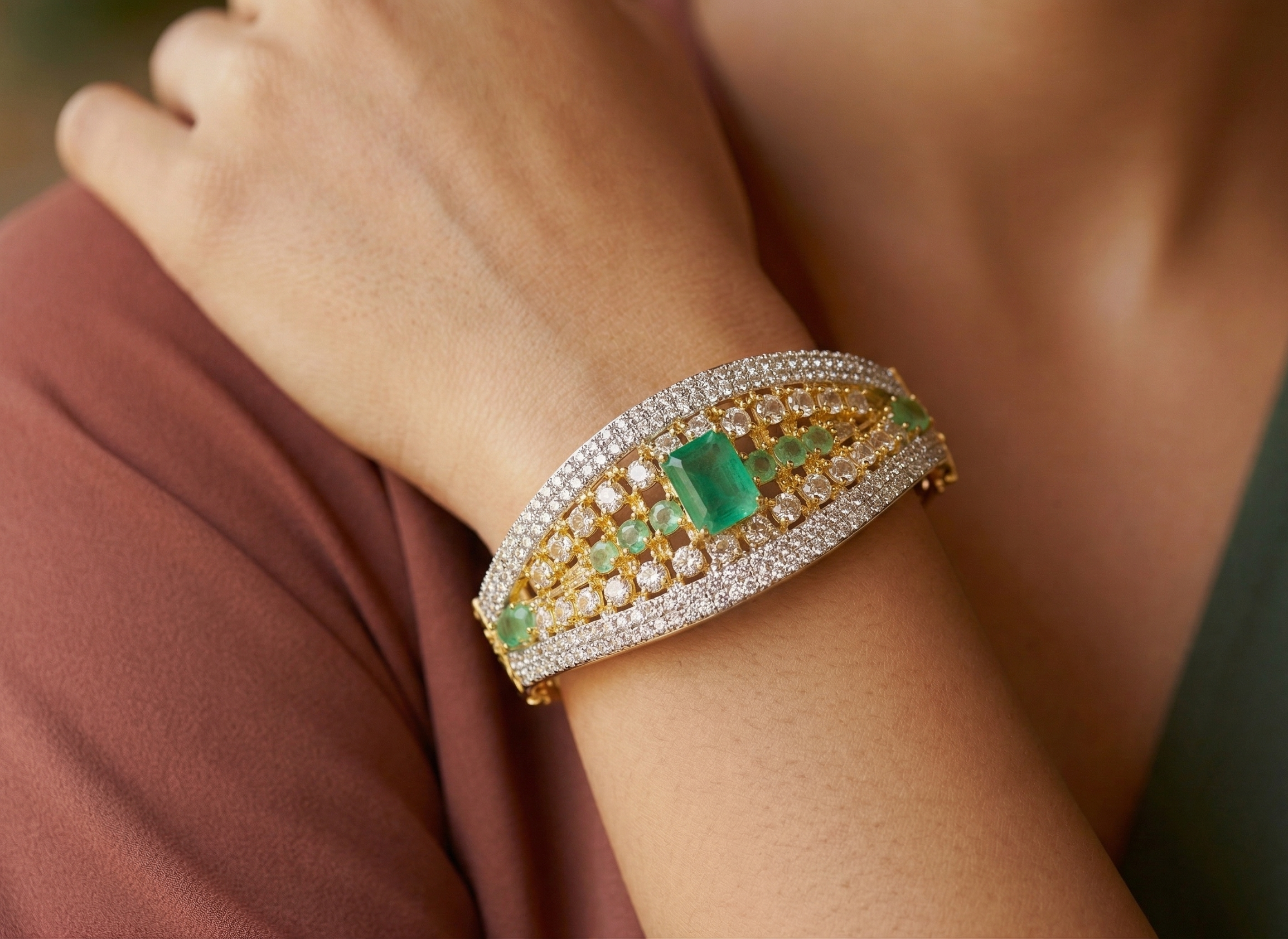 Gold-Plated Designer Kada Bracelet with Green Stone & American Diamond Work for Women | Elegant Party Wear Bangle