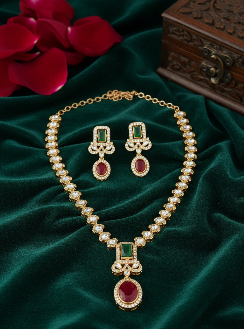Traditional Gold-Plated Necklace Set with Green & Red Stones | American Diamond Jewellery Set for Women | Necklace with Matching Earrings
