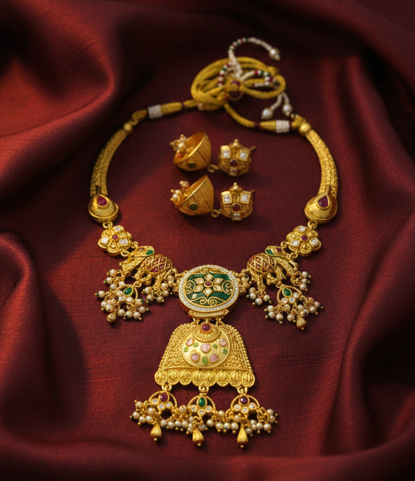 Traditional Gold-Plated Kundan & Meenakari Bridal Necklace Set for Women | Temple Jewellery with Earrings | Indian Wedding Jewellery Set